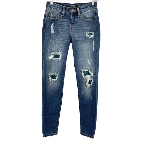 Judy Blue Skinny Jeans Distressed‎ Patchwork Plaid Women's Size 1/25 - Picture 1 of 9